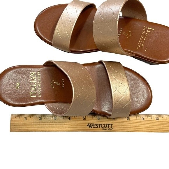 Italian Shoemakers Tan and Gold Slides Sandals 2 inch Heels, size 7M - Picture 10 of 12